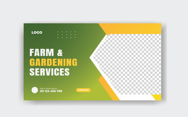 Organic and agriculture service YouTube thumbnail design template, modern garden, 
social media cover and yellow color shapes