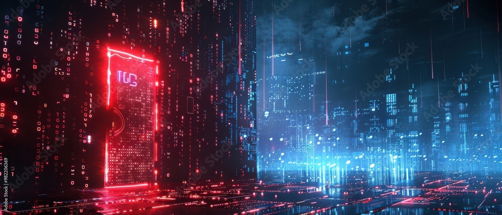 Wall mural futuristic data center corridor glowing with red and blue lights, symbolizing technology and cyberse