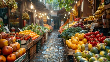 Obraz premium Vibrant Produce Aisle at a Bustling Market
