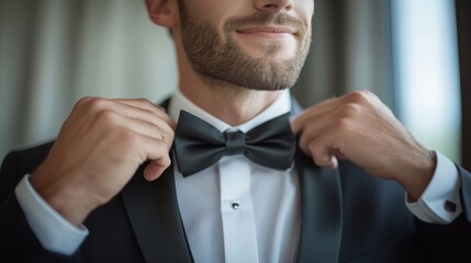 Elegant Groom Prepares for Wedding, Man Adjusting Bow Tie with Serious Look in Stylish Suit, Wedding Day Groomsmen Getting Ready Concept