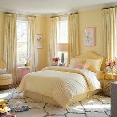 Wide angle view of a pastel bedroom. This room is decorated in a lovely yellow tone, decorated with a cute patterned carpet, colorful flowers and a chic lamp to create warmth.