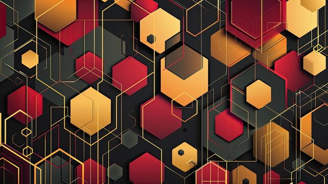 Geometric wallpaper with hexagons and parallelograms in bold colors like crimson and gold