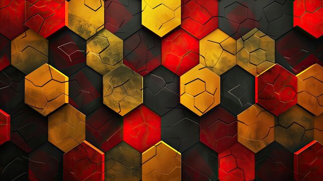 Dynamic wallpaper featuring hexagons and parallelograms in crimson gold and black