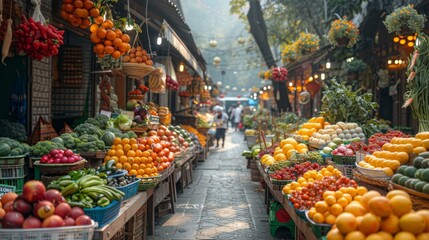 Obraz premium Vibrant Fruits and Vegetables Fill a Narrow Market Street