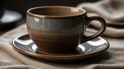 Fototapeta premium Ceramic coffee mug on linen napkin background
