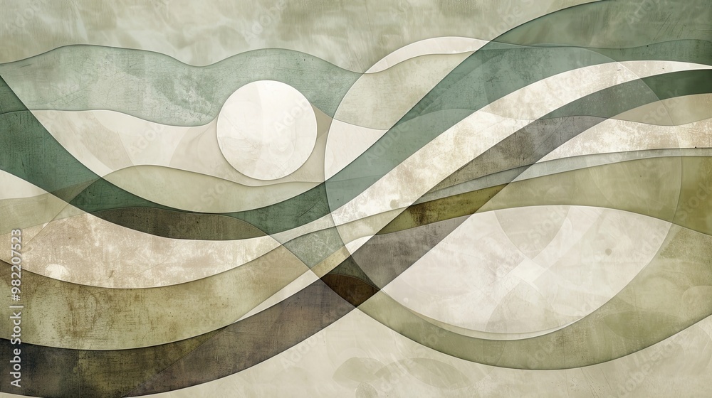 Wall mural minimal wallpaper with overlapping circles and lines in earthy tones of sage taupe and cream