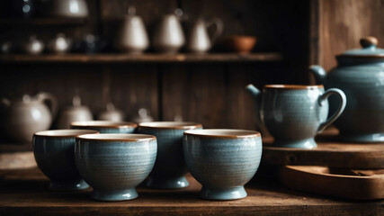 Ceramic cups on rustic kitchen shelf background