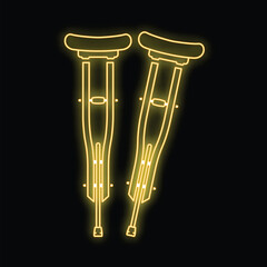 Neon sign representing a pair of crutches, glowing yellow on a black background