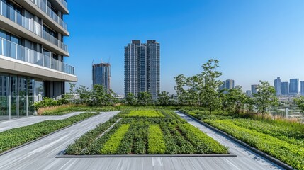 Private rooftop garden with vibrant green trees and grass fields, nestled between high-rise structures and set under a cloudless blue sky.