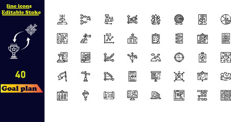 Editable stroke icon collection for goal planning, featuring icons for strategy, tasks, goals, actions, planning, targets, collaboration, and analysis. Vector icons set.