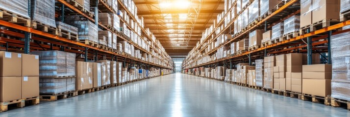 Fototapeta premium Industrial warehouse and logistics firms with stocked boxes on elevated shelves