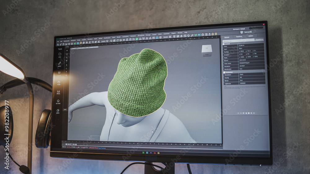 Poster Interface of professional 3D modeling or design software displayed on the computer monitor. Unrecognizable 3D designer creates and draws clothes using PC, works at home on freelance project.