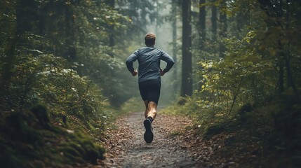 A man runs through a forest path on a foggy day.