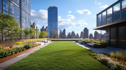 Fototapeta premium Rooftop sky garden in an urban setting, surrounded by high-rise architecture and featuring green lawns and a calm, open sky.