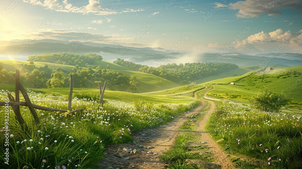 Wall mural Green hills wildflowers and dirt path under bright sky perfect for summer card