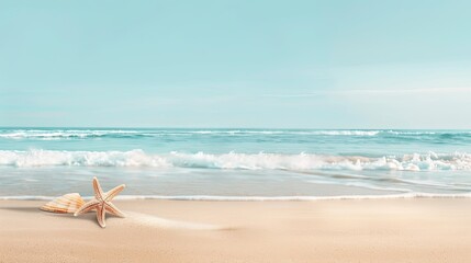 Fototapeta na wymiar Smooth sandy beach with pale blue sky and seashell accents ideal for a holiday card