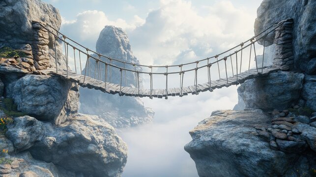 Fototapeta Rope bridge in a rugged landscape, suspended between two large rock formations, intricately rendered in 3D with detailed ropes and weathered wood