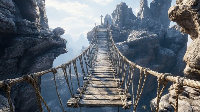 Fototapeta Rope bridge in a rugged landscape, suspended between two large rock formations, intricately rendered in 3D with detailed ropes and weathered wood