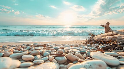 Beach scene with pebbles gentle waves pastel sky driftwood and seaweed
