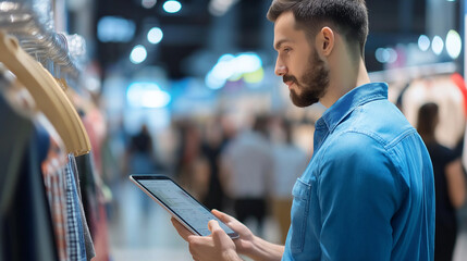 A brutal clothing sales Manager with a tablet inspects clothes in the sales area.