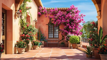 Obraz premium Courtyard with terracotta tiles bougainvillea potted plants and clear blue sky