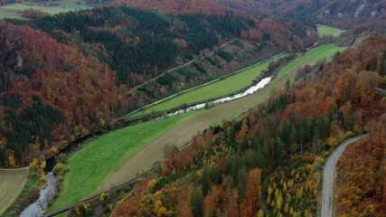 Aerial view of autumn trees on a sunny day in the Black Forest, Baar, Heuberg, Baden-Württemberg, Germany