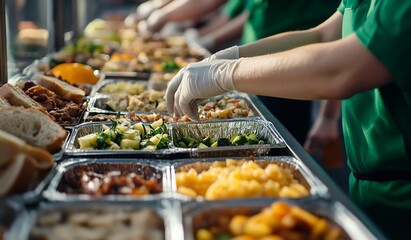Obraz premium Catering Staff in Gloves Carefully Preparing and Serving Fresh Food in Buffet Line for a Large Event