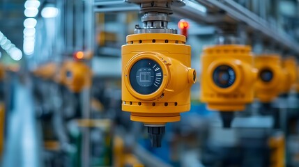 A detailed close-up of a factoryâ€™s fire detection system, with smoke detectors and heat sensors positioned above heavy machinery. The image highlights the integration of safety technology in