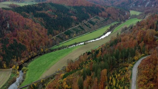 Aerial view of autumn trees on a sunny day in the Black Forest, Baar, Heuberg, Baden-Württemberg, Germany