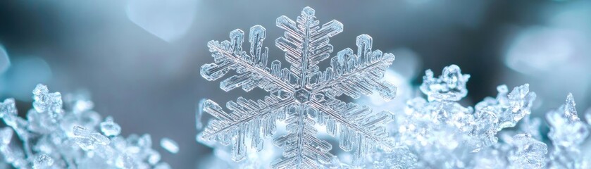 A close-up view of a delicate snowflake, showcasing intricate patterns against a soft, blurred winter background.
