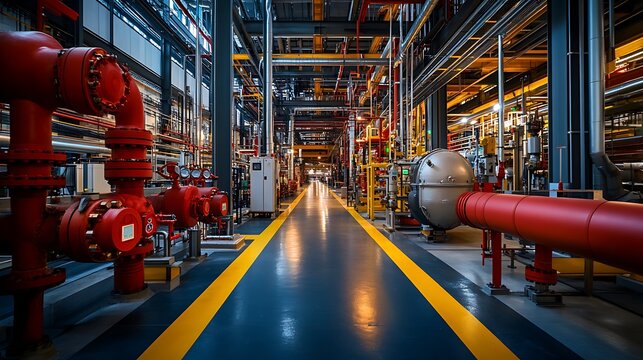 An industrial fire suppression system installed in a large factory, showing the network of pipes, valves, and nozzles running along the ceiling and walls. The image captures the complex setup
