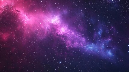 Naklejka premium A cosmic landscape with vibrant nebulae in shades of pink and blue, sprinkled with twinkling stars against a deep purple backdrop.