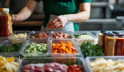 Catering Staff in Gloves Carefully Preparing and Serving Fresh Food in Buffet Line for a Large Event