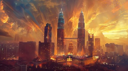 Fototapeta premium Petronas Towers-inspired scene with towers lit in blue and red against golden sky