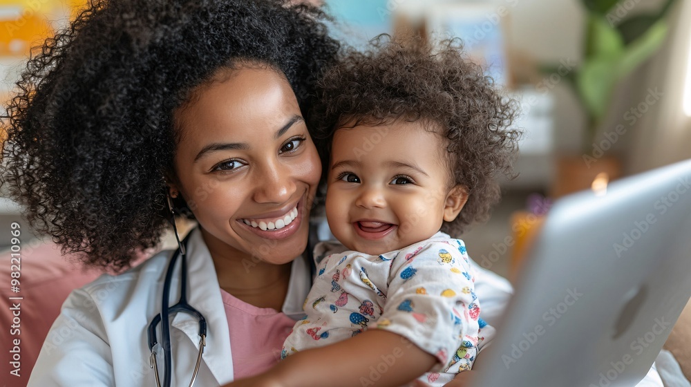 Poster a mother using a laptop at home to interact with a pediatrician via telehealth while holding her you