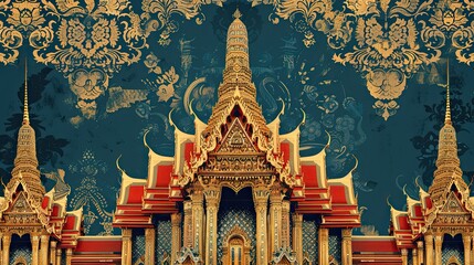 Fototapeta premium Non-real Temple of Emerald Buddha scene with gold accents under blue-red sky