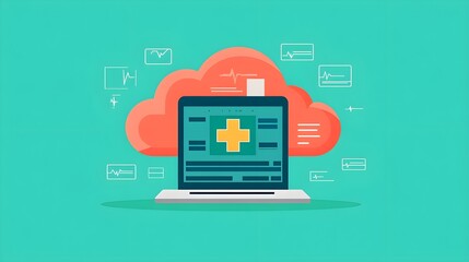 Naklejka premium Cloud-Based Healthcare Software, Laptop Icon, Medical App