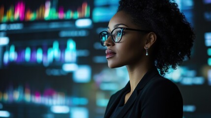 A confident businesswoman leading a presentation on new business models, with digital charts behind her.