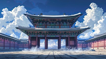 Obraz premium Non-real Namdaemun Gate glowing under a deep blue sky with red and white clouds