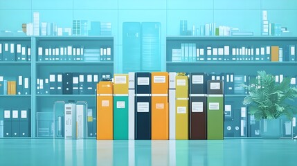 Fototapeta premium Colorful Office Files on Shelf with Turquoise Background