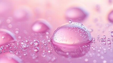 Close-up of Water Droplets on a Pink Surface with a Focus on a Single Large Droplet