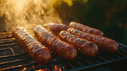 plant-based sausages grilling on a hot grill, tasty meat alternative banner for your next outdoor event