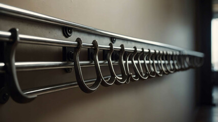 Metal coat rack in hallway background