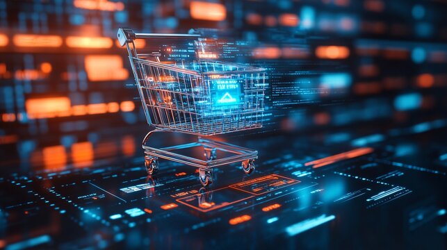 An overflowing digital shopping cart on a website interface, with colorful discount tags and flashing sale banners. The background is a clean, modern design, perfect for showcasing online shopping