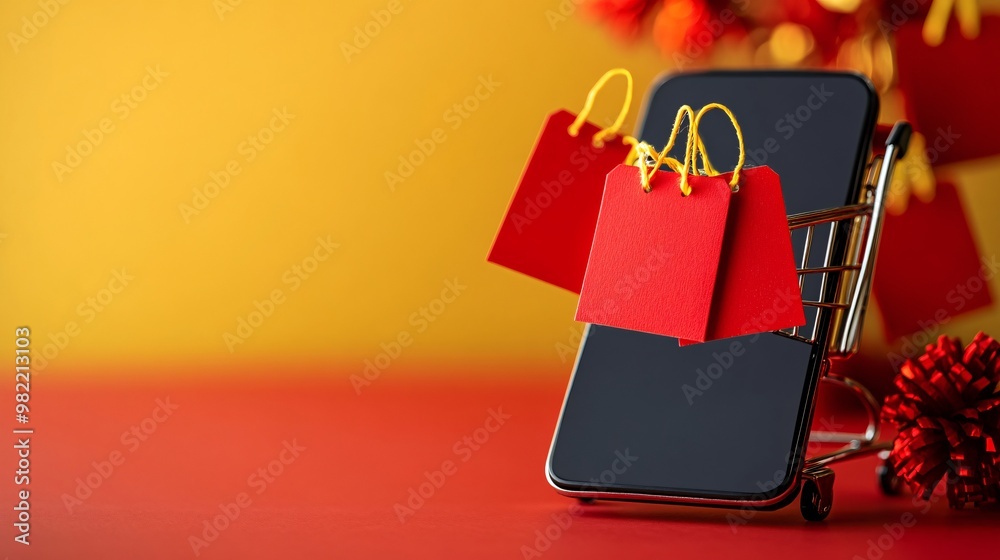 Poster a mobile phone displaying an online shopping cart full of items with bright red discount tags attach