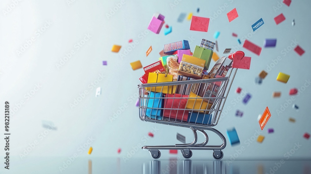 Poster A mobile phone displaying an online shopping cart full of items with bright red discount tags attached. The image emphasizes the convenience of shopping via apps, with colorful promotions enhancing