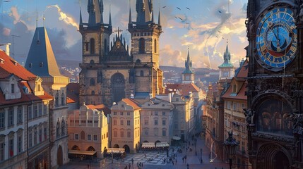 Naklejka premium Fictional Prague square glowing with Czech flag colors on its iconic structures