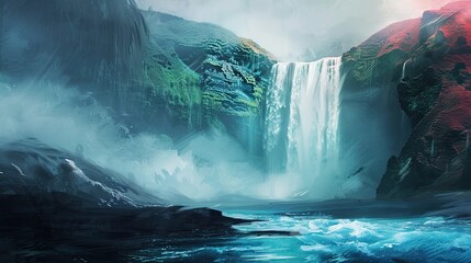 Imaginary Sk&oacute;gafoss Waterfall scene water glowing in blue white and red Icelandic flag hues