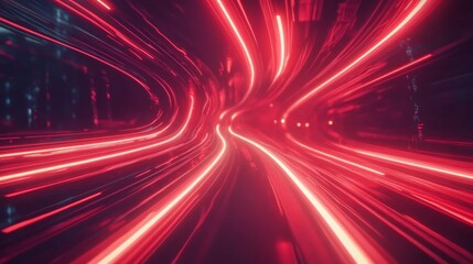 Obraz premium Abstract red lines depict the speed of the road in red. Red light trails on a dark background, with a high speed and fast motion blur effect.