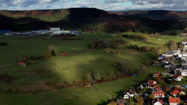 Aerial view of autumn trees on a sunny day in the Black Forest, Baar, Heuberg, Baden-W&uuml;rttemberg, Germany